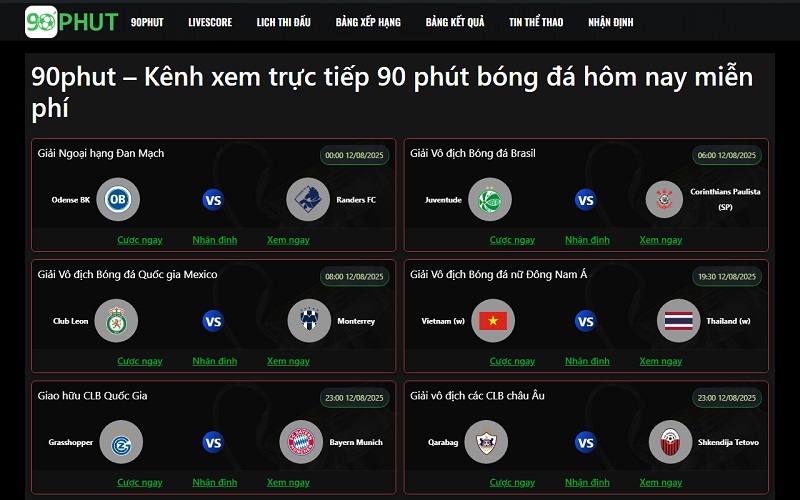 90phut - Kênh xem trực tiếp 90 phút bóng đá hôm nay miễn phí