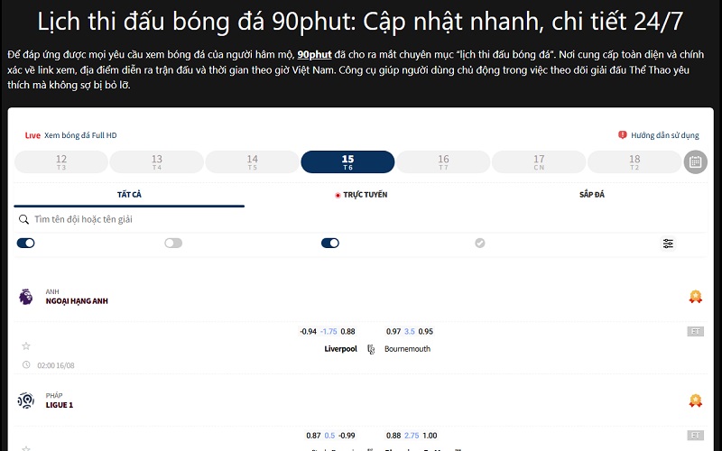 Lịch thi đấu bóng đá 90phut: Cập nhật nhanh, chi tiết 24/7