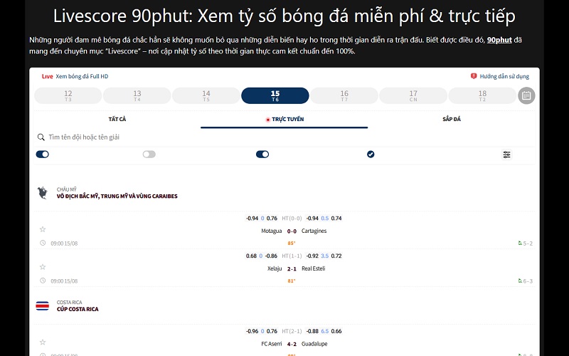 Livescore 90phut: Xem tỷ số bóng đá miễn phí & trực tiếp